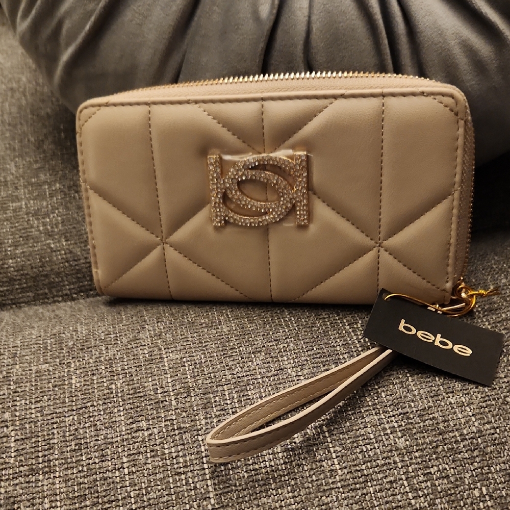 Bebe Tan Quilted Wallet with Metal Logo